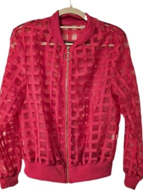 Sheer Grid Pink Bomber Jacket with Ring-Zip
